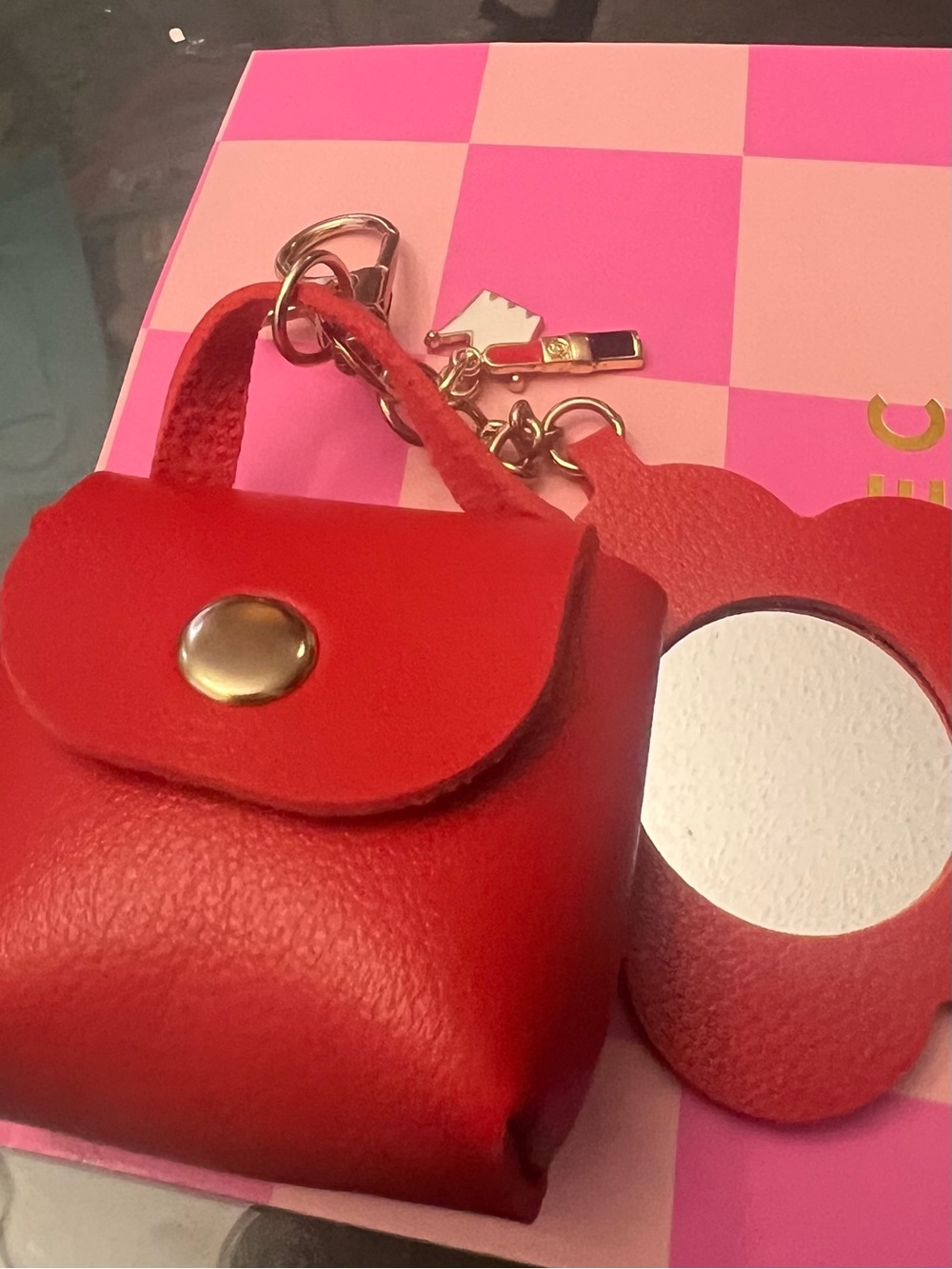 Mini Red Leather bag charm Purse with Mirror Charm, lipstick and crown charm.